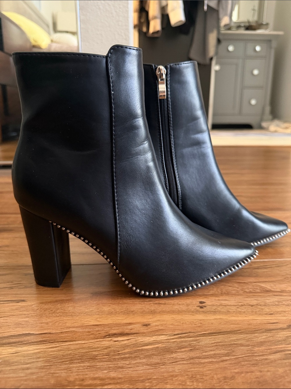 Catherine Malandrino Black Leather Pointed Ankle Booties with Silver Stud Trim